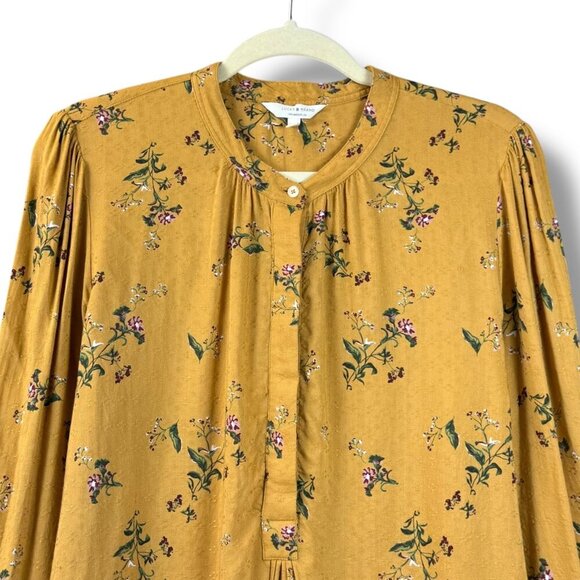 Lucky Brand Blouse Womens Sz L Yellow Floral Manderine Collar1/2 Button LS - Picture 4 of 12